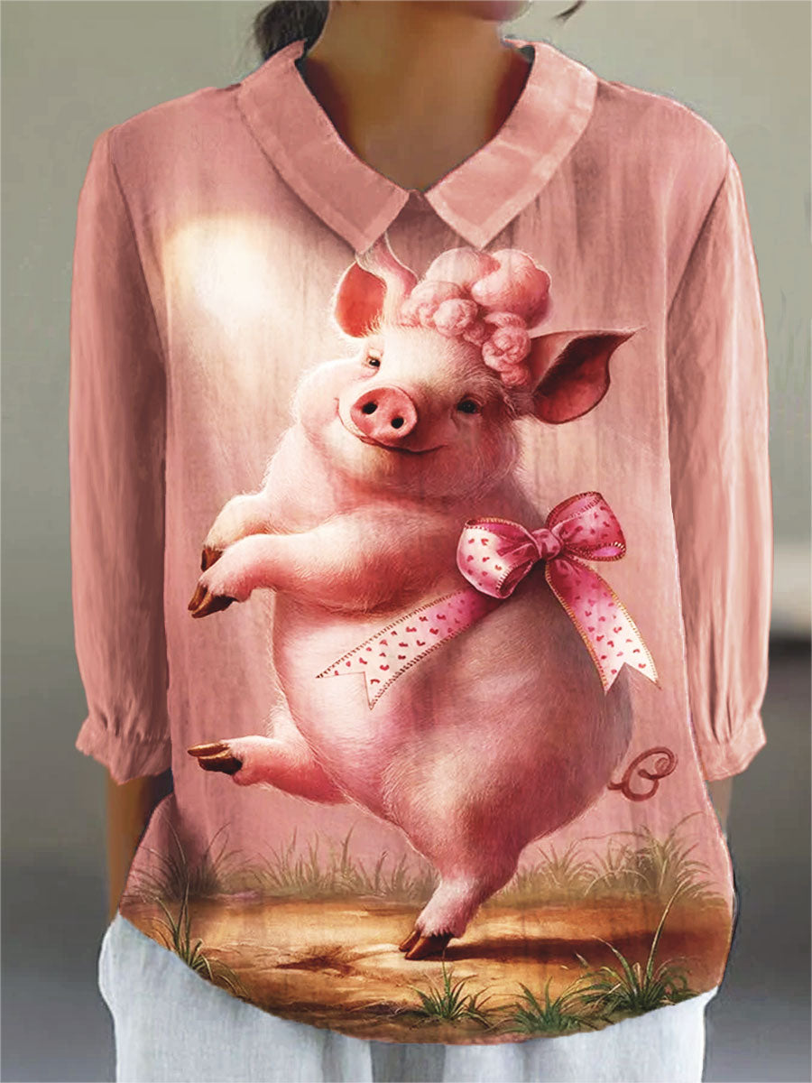 Vintage Cute Pink Bow Pig Art Print Casual Cotton & Linen 3/4 Sleeve Shirt