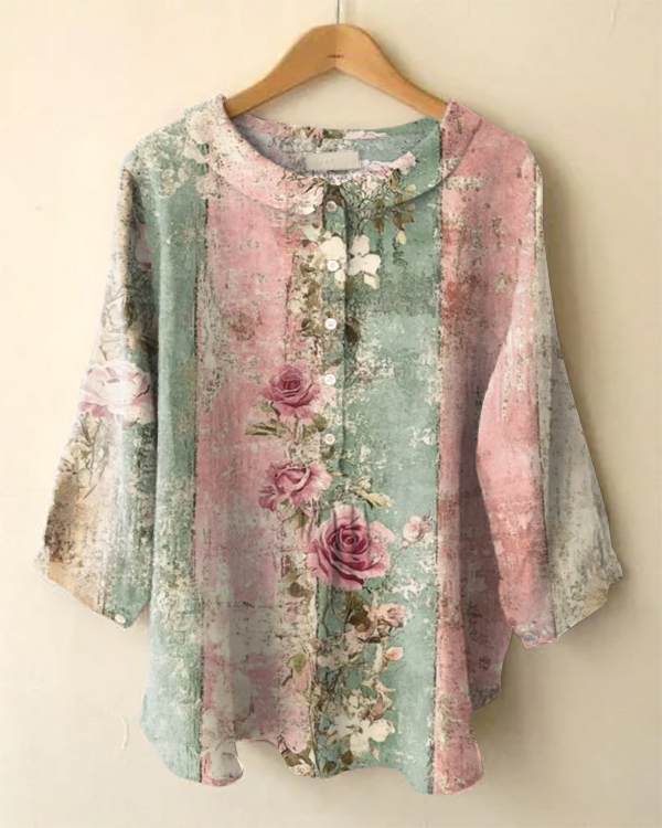 Vintage Floral Print Long Sleeve Peter Pan Collar Shirt