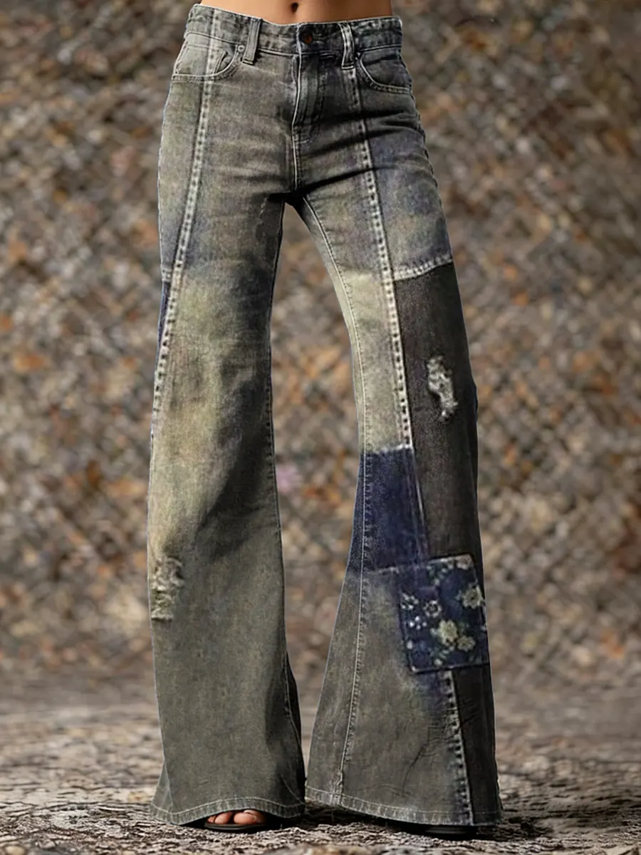 Vintage Patchwork Art Print Casual Washed Cotton Denim Pants