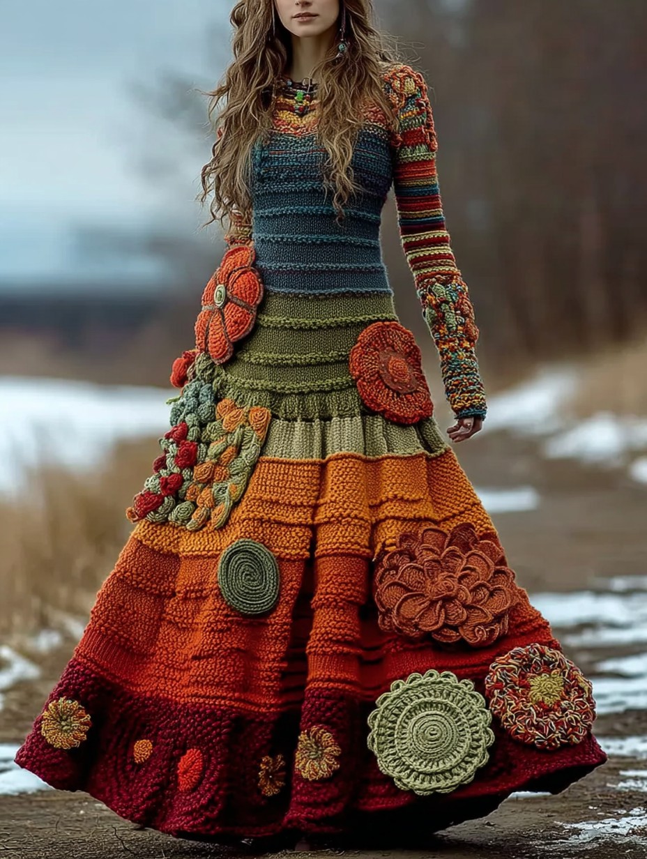 Vintage Floral Crochet Colorblock Cozy Maxi Sweater Dress