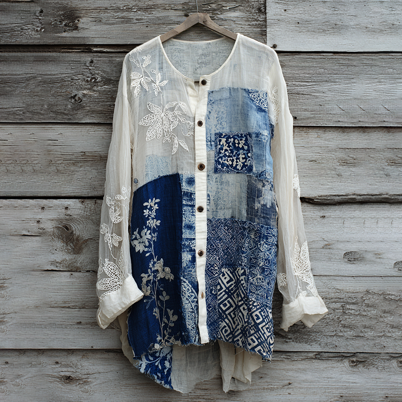 Vintage Lace Floral Embroidery Patchwork Linen Women's Long Sleeve Shirt
