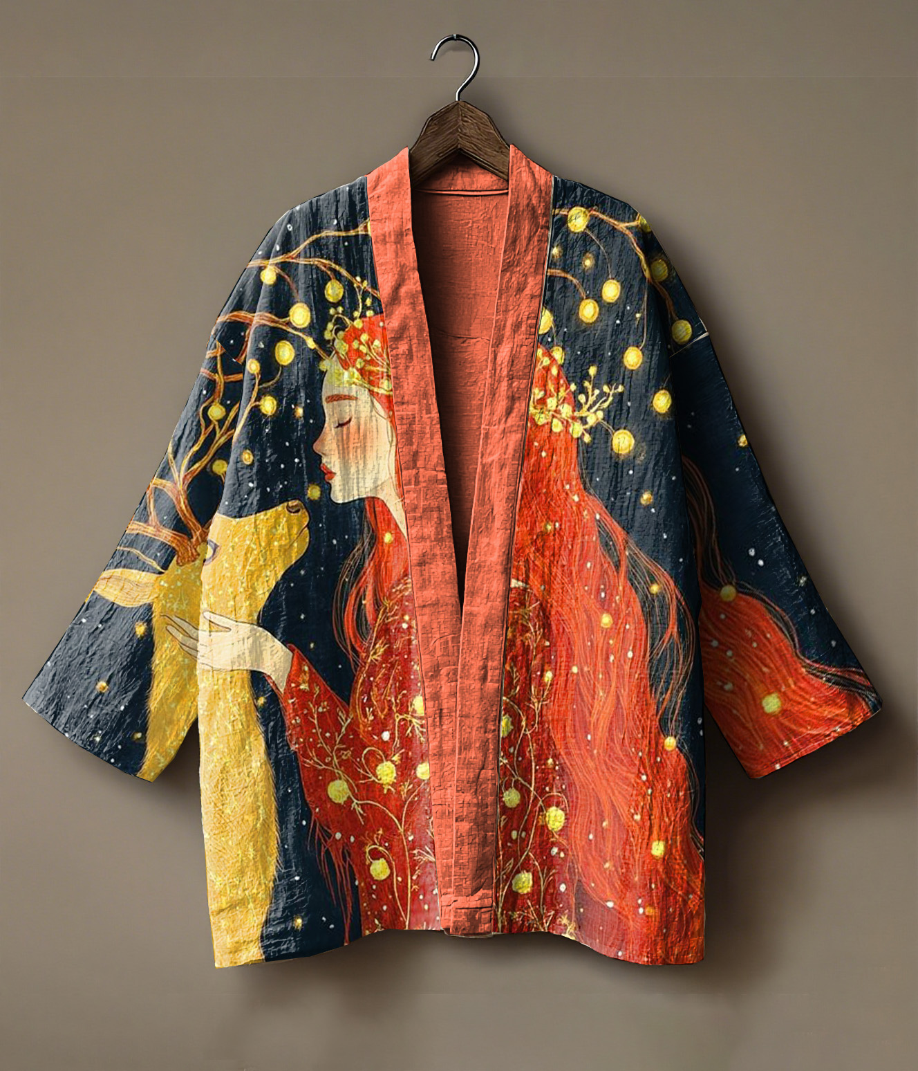 Forest fairy and deer printed linen and fabric cardigan