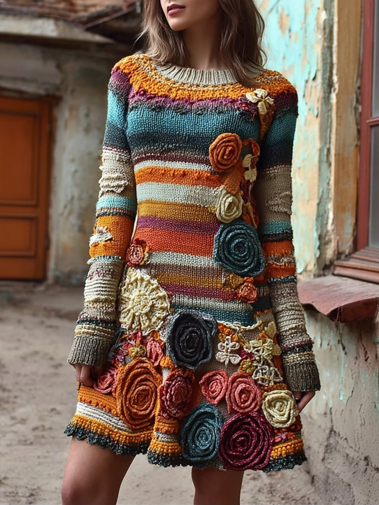 Retro Bohemia Flower Crochet Striped Midi Sweater Dress