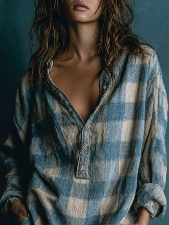 Blue & White Loose Plaid Henley Neck Long-Sleeve Mini Dress