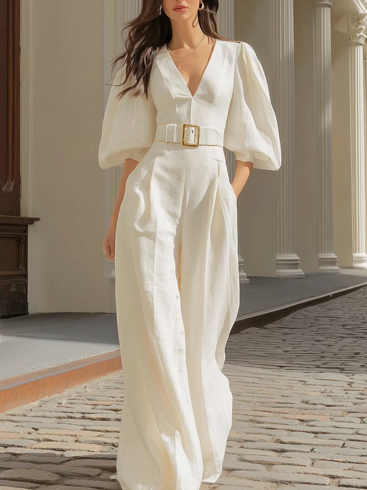 White V-neck lantern sleeve wide-leg jumpsuit