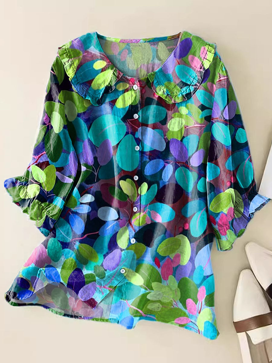 Vintage Floral Art Print Casual Peter Pan Collar Cotton Shirt
