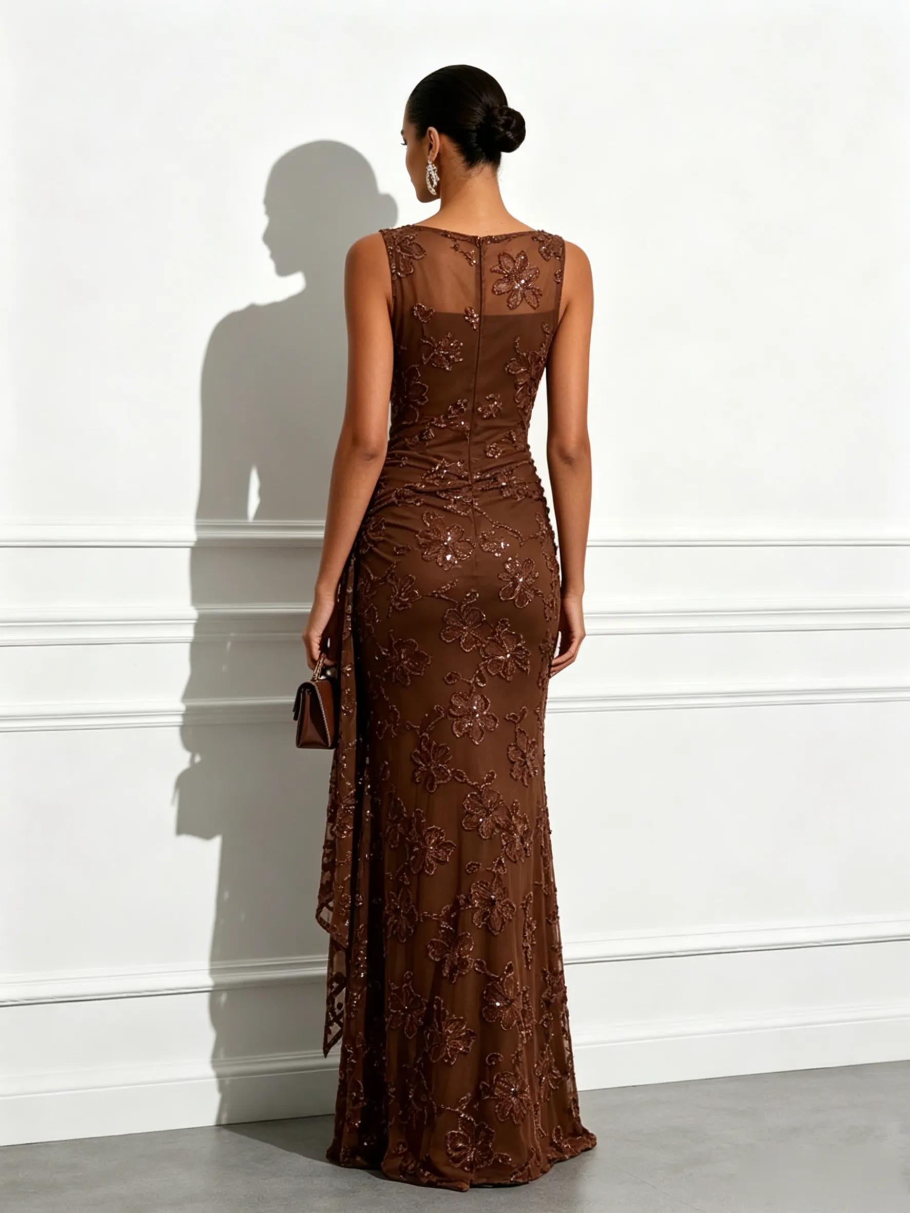 Brown Jacquard Classic Boat Neck Sleeveless Sheath Floor-length Gown