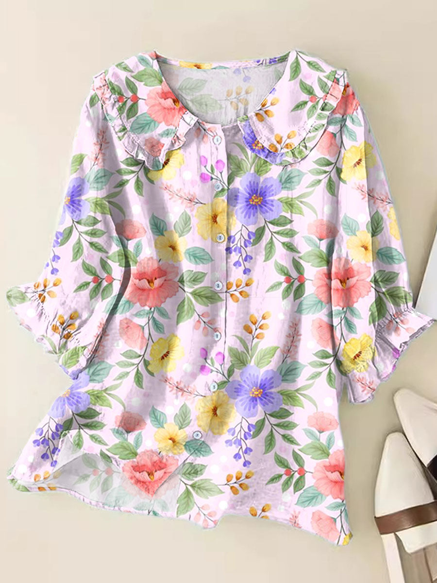 Fresh Floral Art Print Loose Top Peter Pan Collar Half Sleeve Blouses