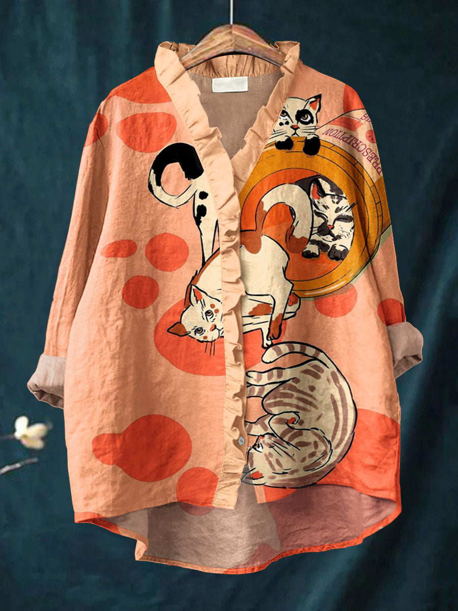 Vintage Cat Art Print Casual Cotton & Linen Ruffle Shirt