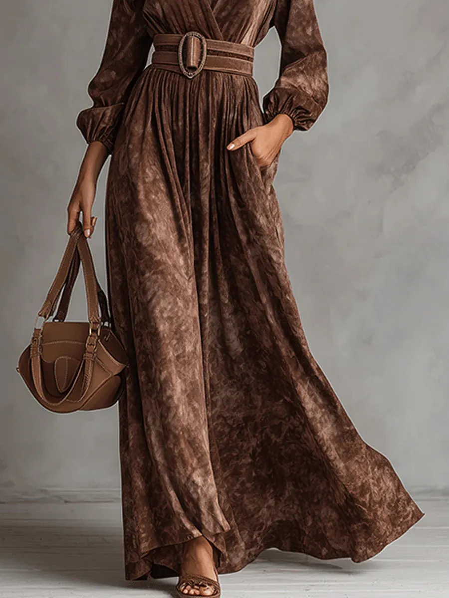 V-Neck Chocolate Color Velvet Maxi Dress