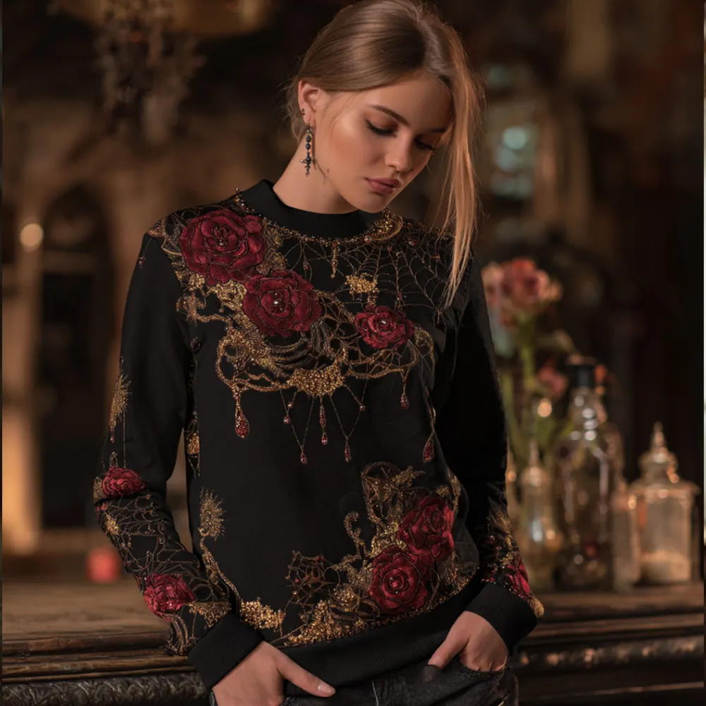 Vintage Halloween Spider Silk And Red Rose Black Round Neck Hoodie