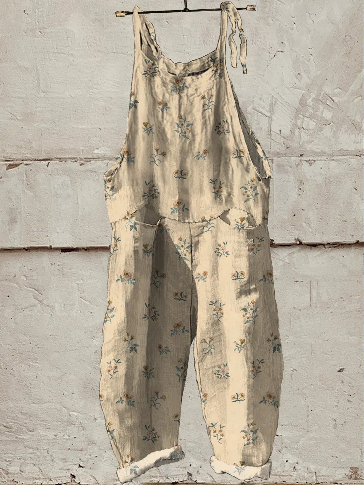Vintage Style Simple Meadows Floral Pattern Printed Women's Casual Wide-Leg Jumpsuit