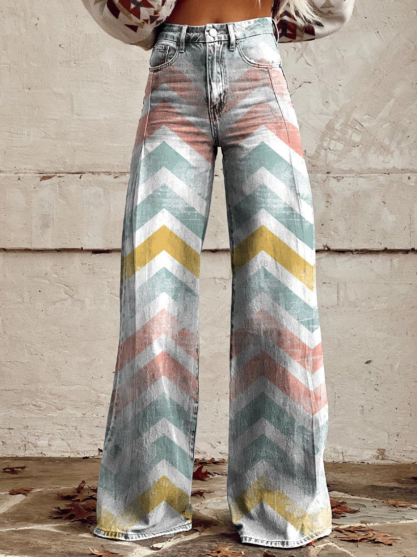 Vintage Print Casual Wide-Leg Pants