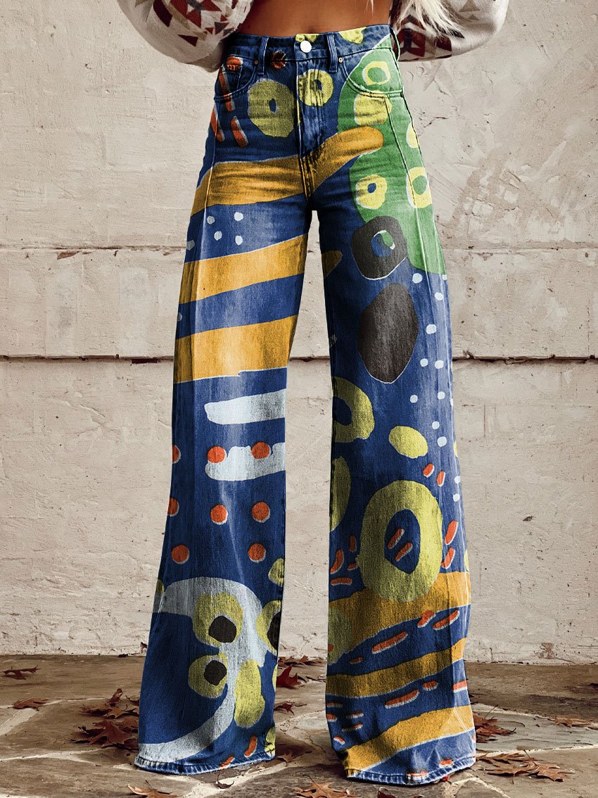 Vintage Print Casual Wide-Leg Pants