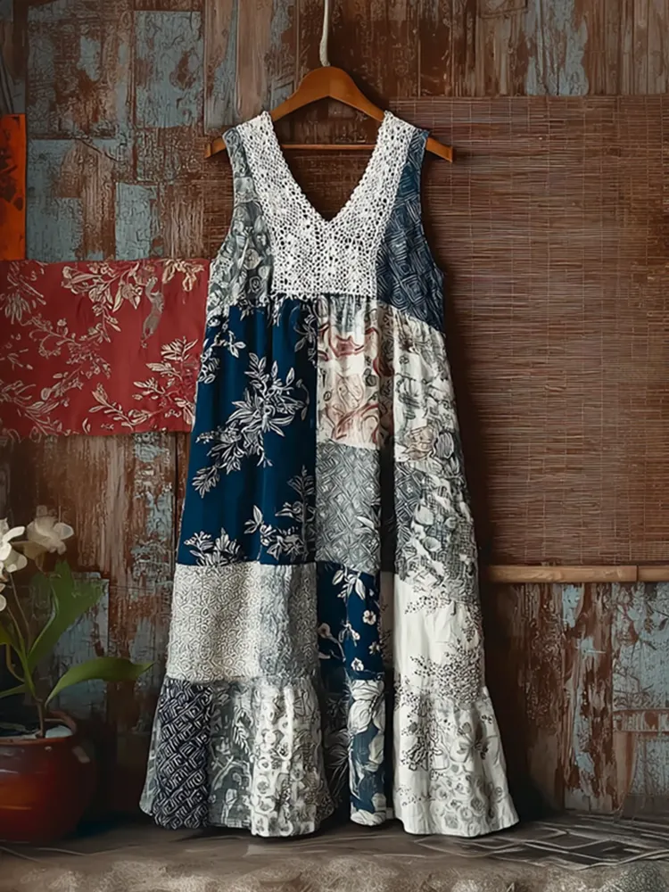 Japanese Art Retro Style Geometric Patchwork Design Lace Patch Women's Cotton & Linen Dress