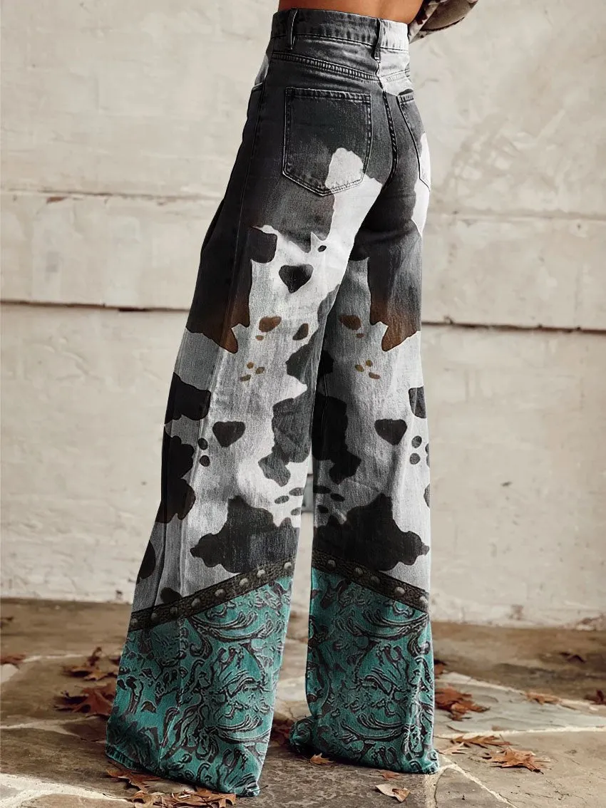 Vintage Print Casual Wide-Leg Pants