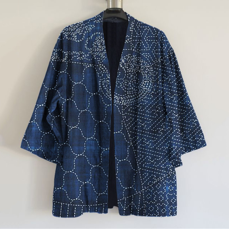 Japanese Traditional Sashiko Art Print Blend Kimono Cardigan