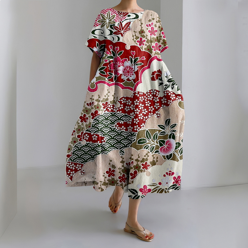 Japanese Flower Art Print Short Sleeve Loose Midi Dress
