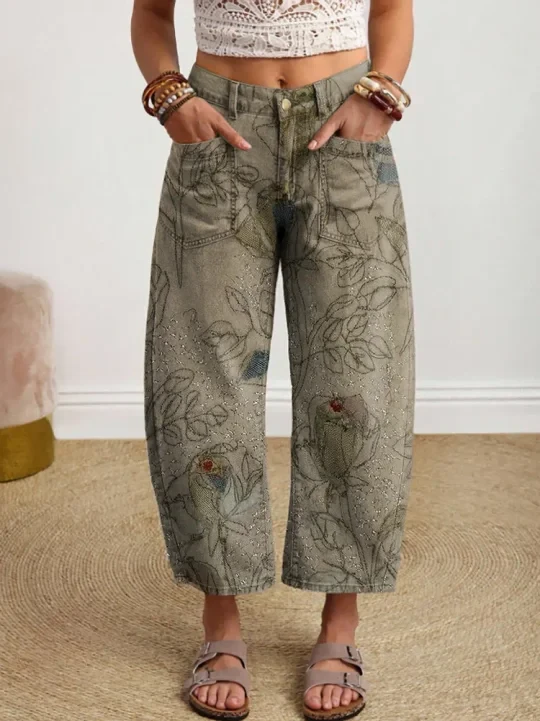 Vintage-style Textured Floral Art Print Casual Cotton Trousers With Pockets