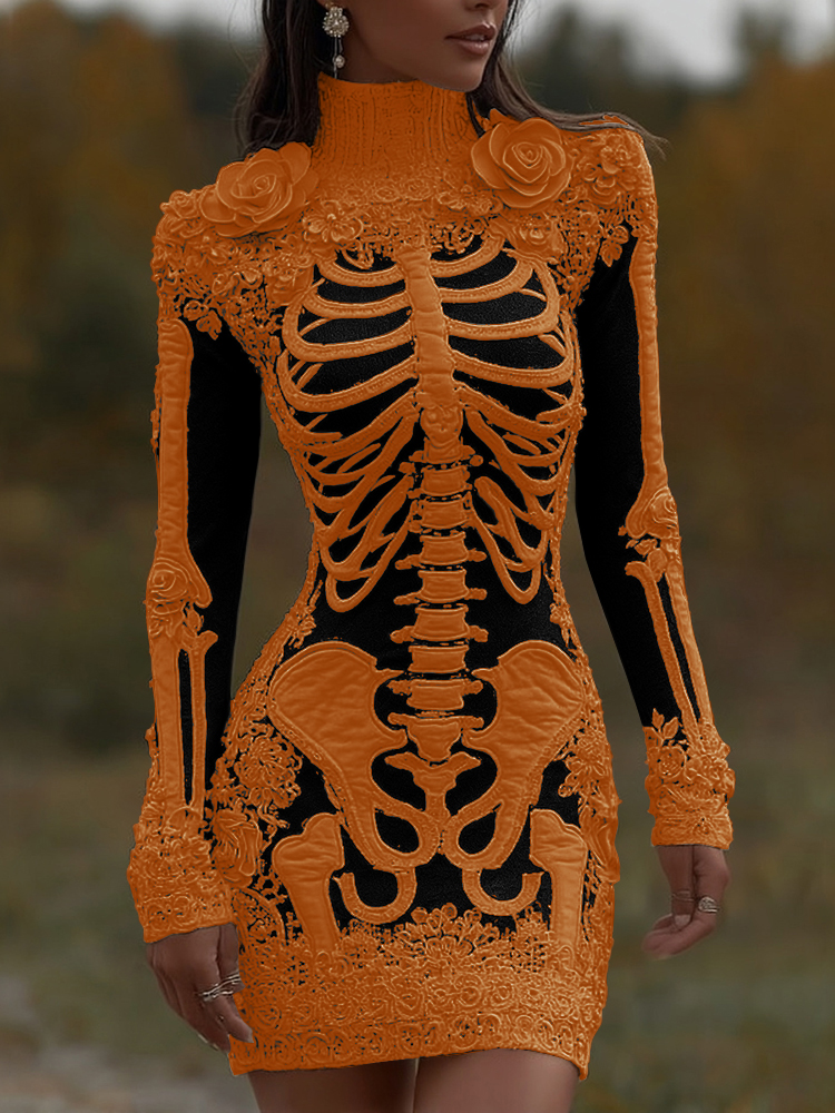 Women's Halloween Skeleton Bones With Rose Art Cozy Knit Turtleneck Mini Sweater Dress