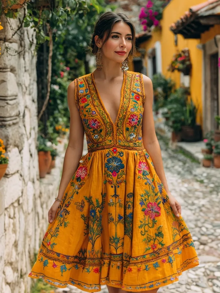 Day Of The Dead Mexican Flowers Embroidered Midi Evening Dress