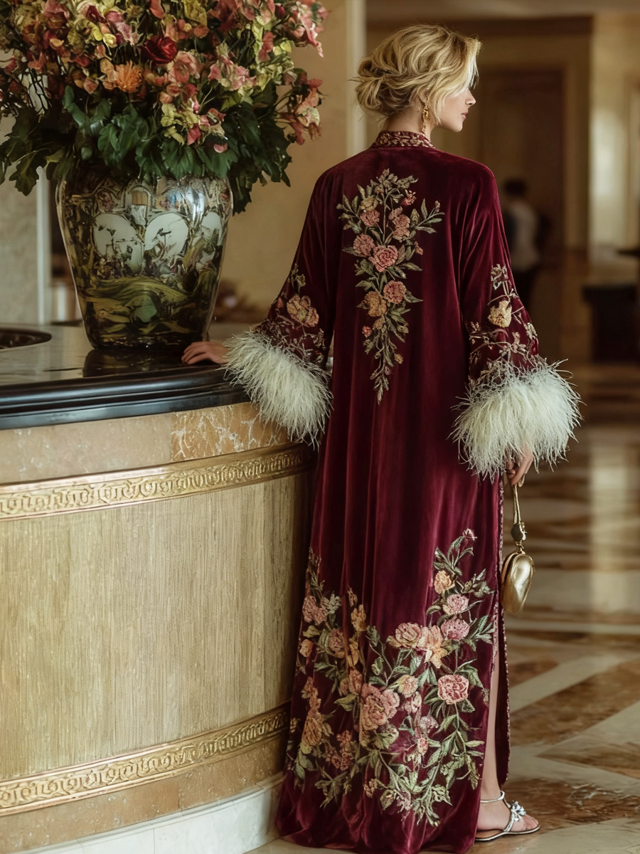 Artistic floral print plush kimono robe, autumn/winter long robe with sash