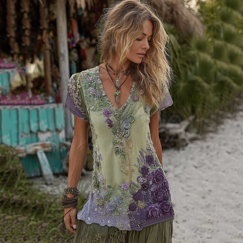 Classy Purple Lavender And Floral Embroidered V Neck Short Sleeve T-shirt