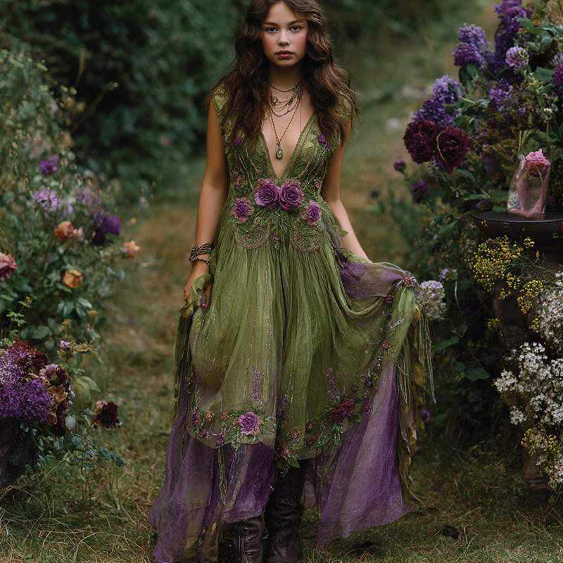 Vintage Purple Gilded Rose Embroidery Sleeveless V-neck Dress