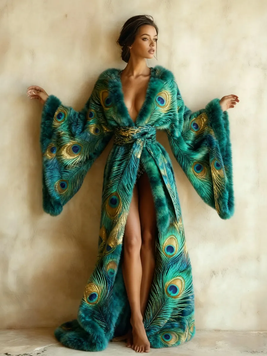 Abstract Art Print Kimono Long Gown Autumn & Winter Robe With Belt