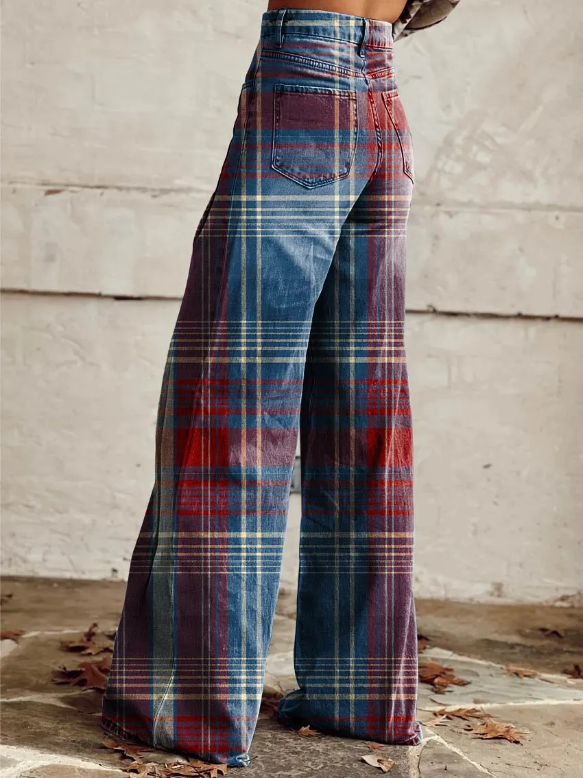 Red & Blue Grid Print Casual Wide-Leg Pants