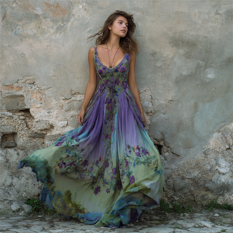 Vintage Purple Floral Embroidered Gradient Flowy Linen Maxi Dress
