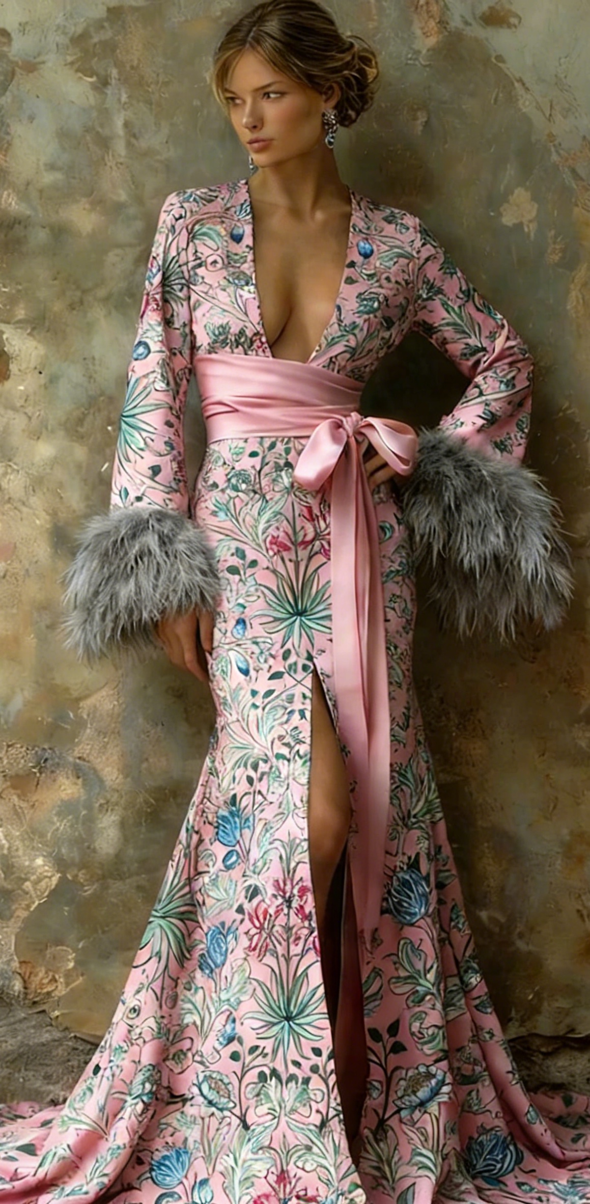 Artistic floral print plush kimono robe, autumn/winter long robe with sash.