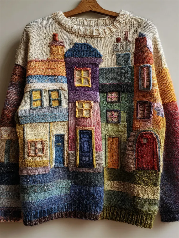 Street Buildings Colorblock Crochet Cozy Knit Sweater