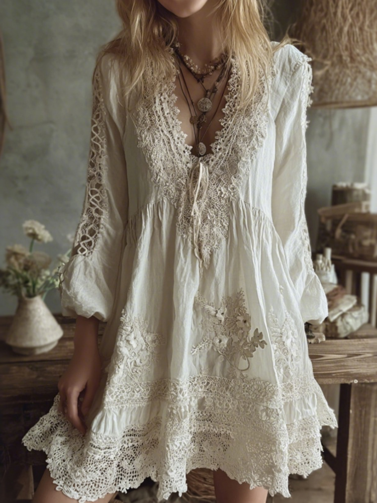 Women's Vintage Lace Floral Art Midi Dress