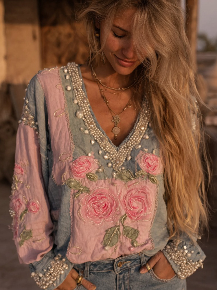 Women's Pink Rose Embroidered Denim Patchwork Shirt