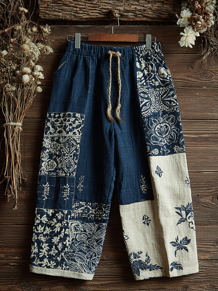 Japanese Art Patchwork Print Comfy Pants