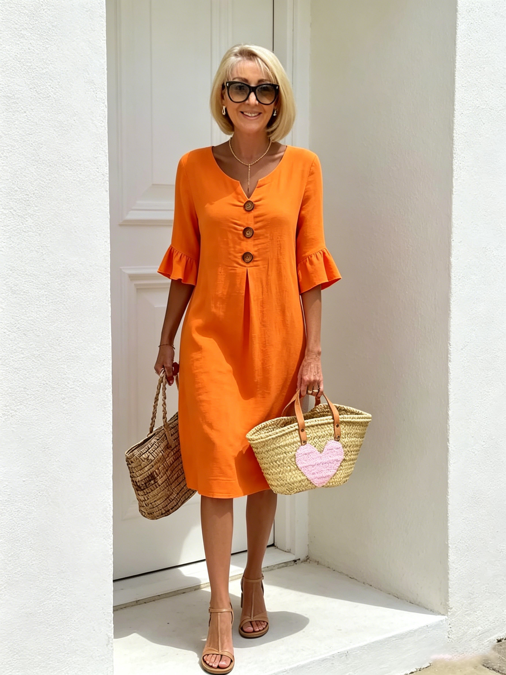V-Neck Linen-Blend Relaxed Midi Dress