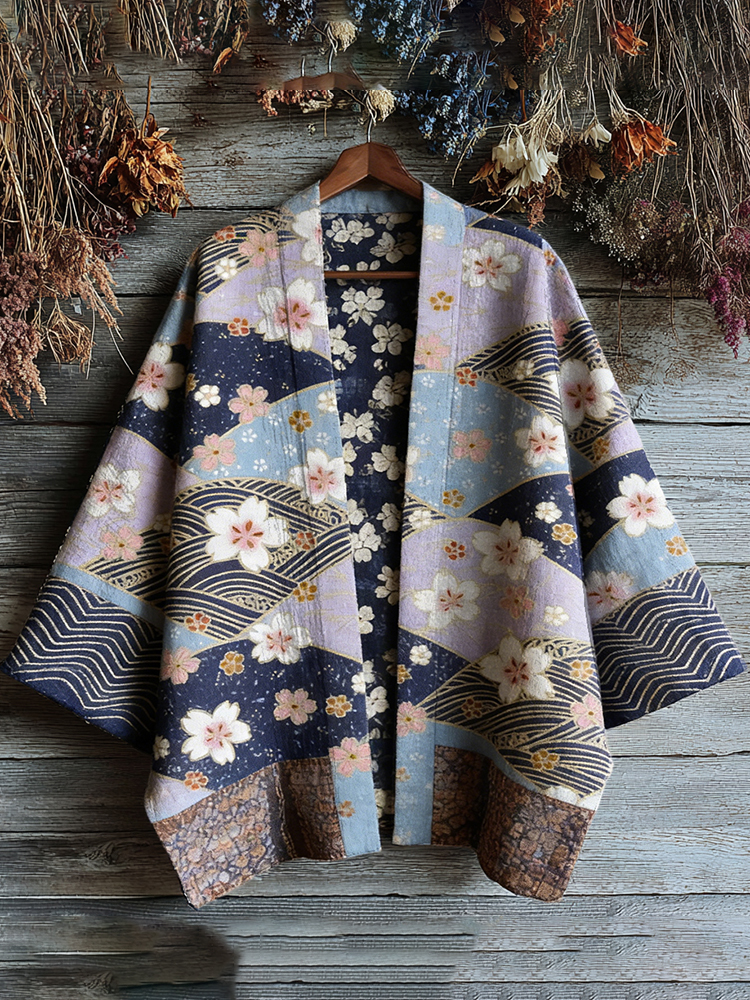 Retro Japanese Floral Traditional Sashiko Art Print Cotton & Linen Blend Kimono Cardigan