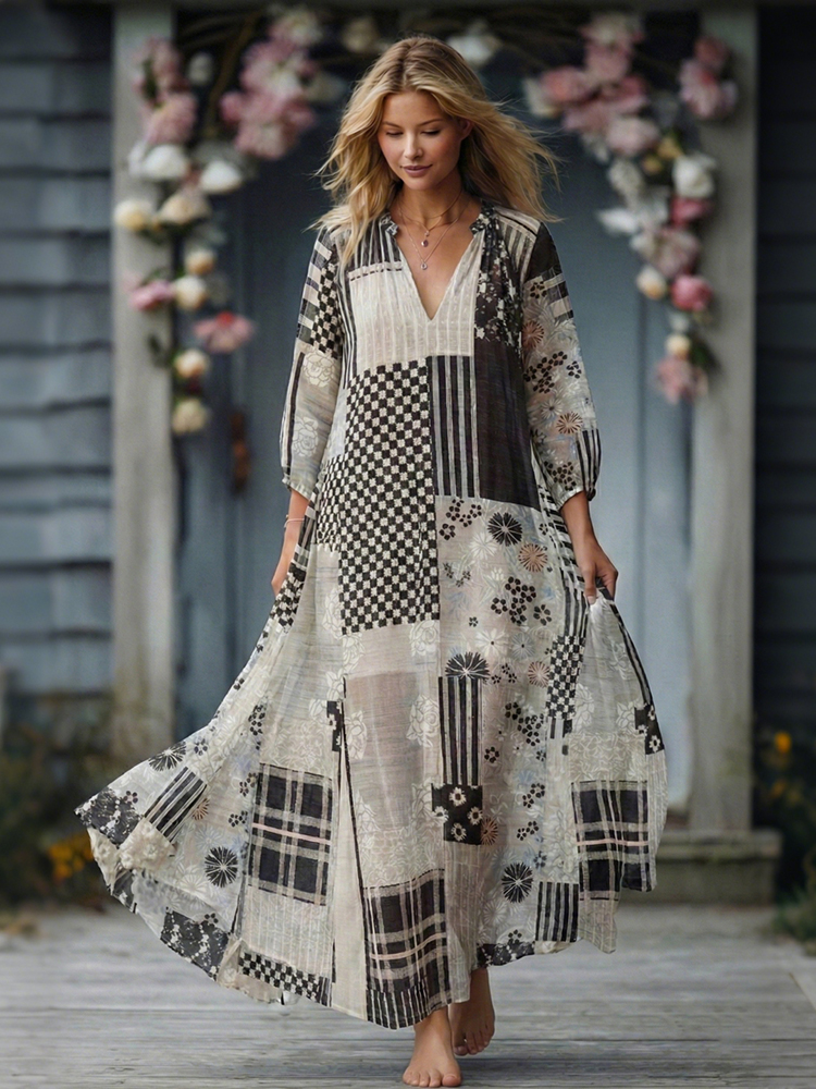 Traditional Japanese Floral Geometric Art V-neck Dress