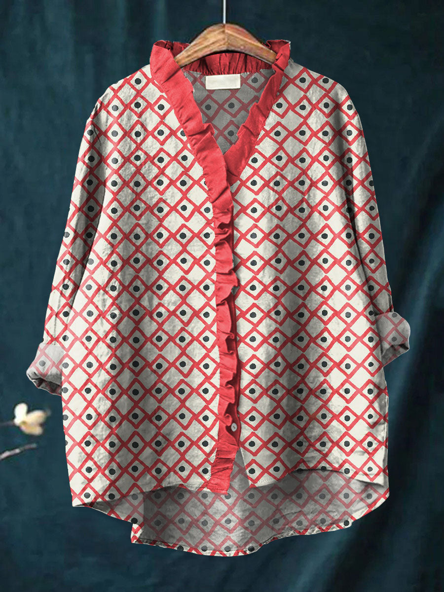 Vintage Geometric Art Print Casual Cotton & Linen Ruffle Shirt