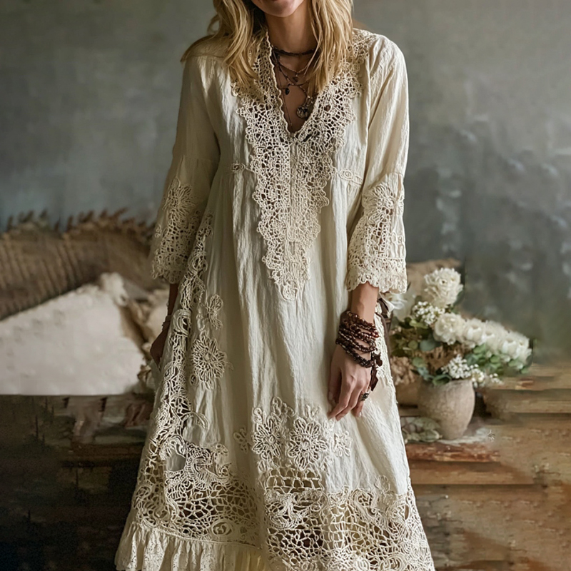 Women's Vintage Lace Floral Art Flowy Maxi Dress