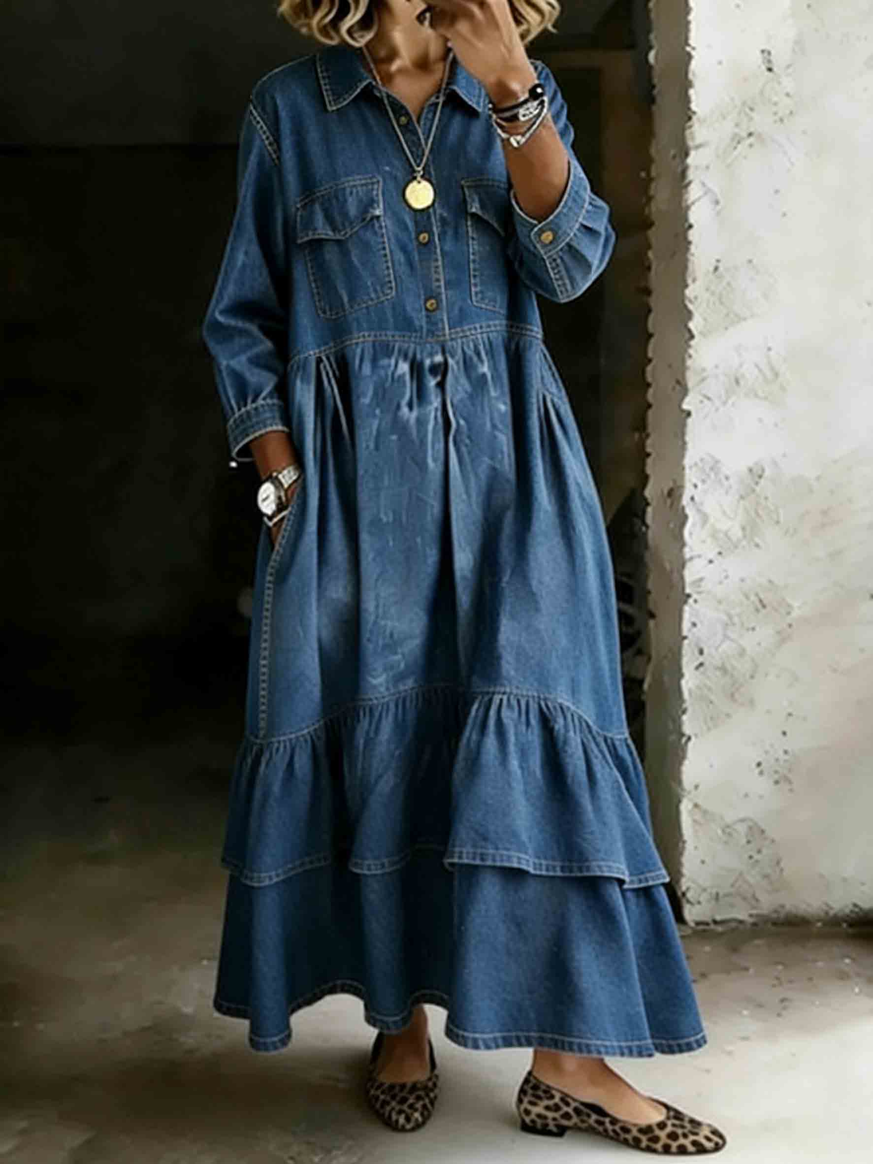 Long-Sleeve Collared Washed Tiered Maxi A-line Denim Shirt Dress