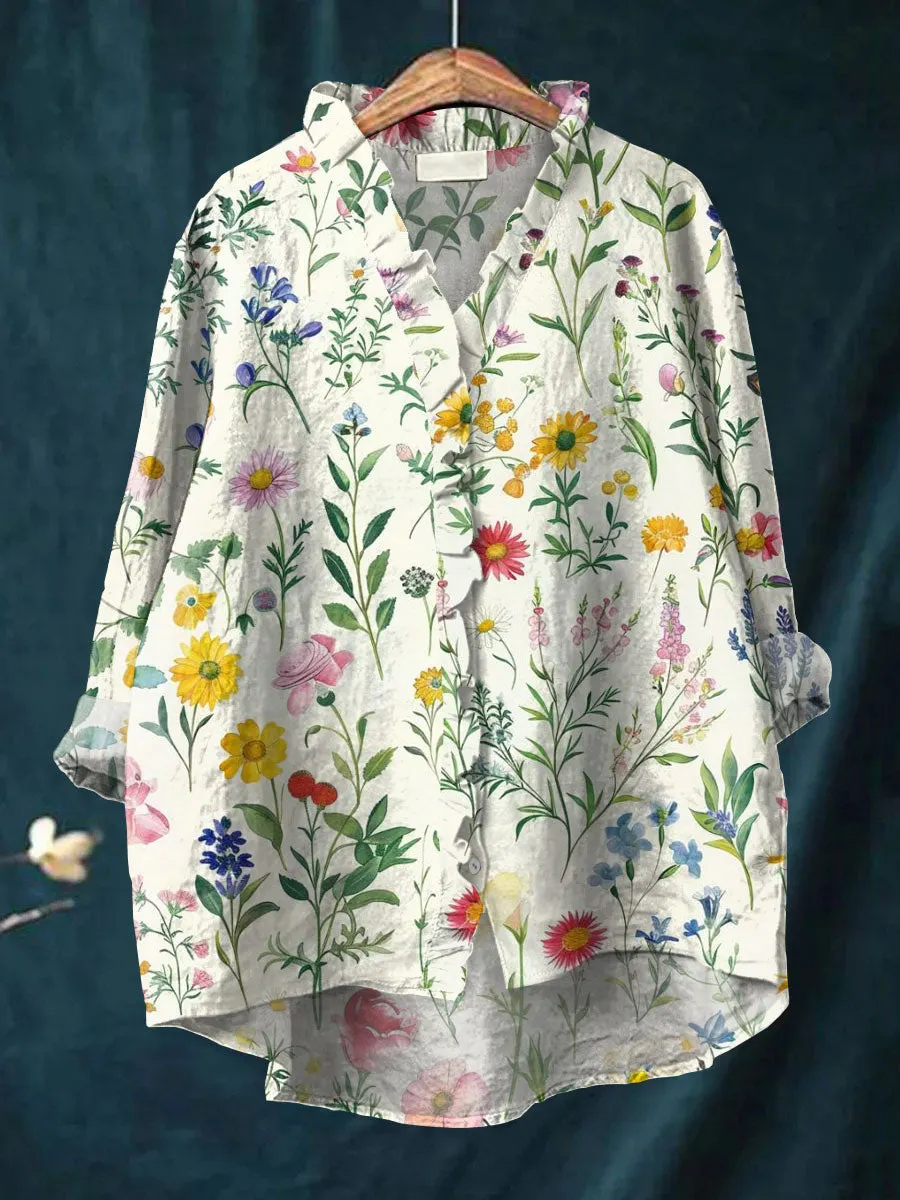 Vintage Flowers Art Print Casual Cotton & Linen Ruffle Shirt