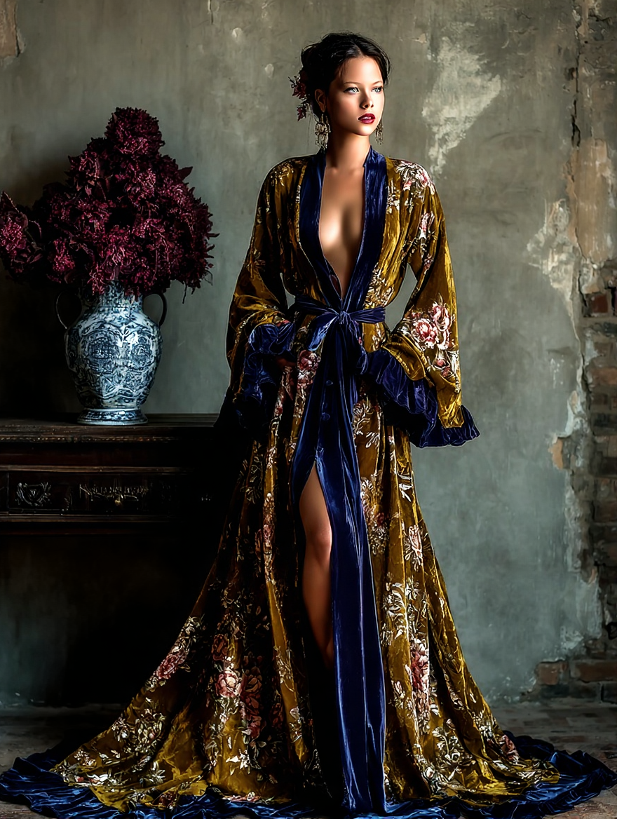 Vintage Elegant Palace Floral Print Robe (belt Included)