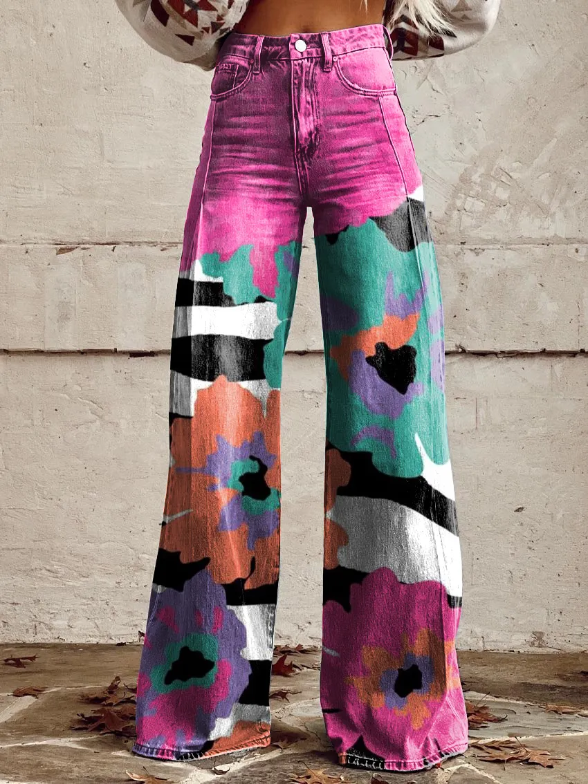 Retro Colorful Leopard Floral Art Casual Wide-Leg Pants