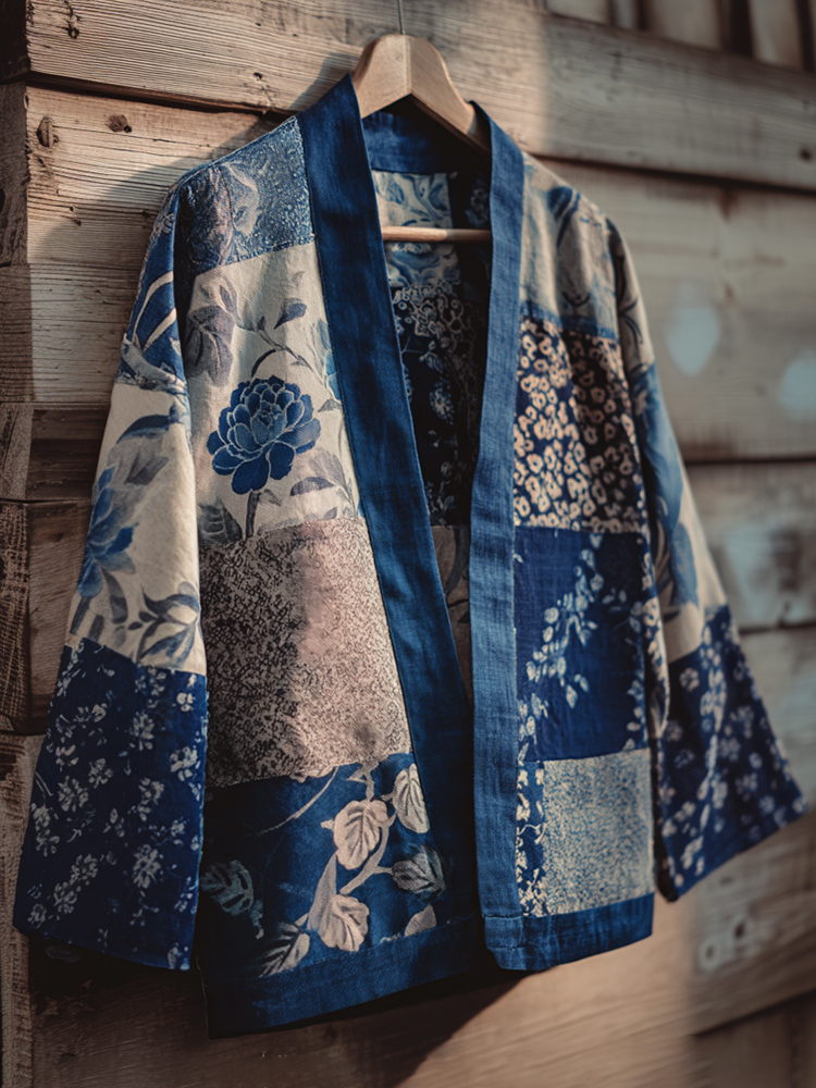 Vintage Japanese Traditional Sashiko Patchwork Art Print Cotton & Linen Blend Kimono Cardigan