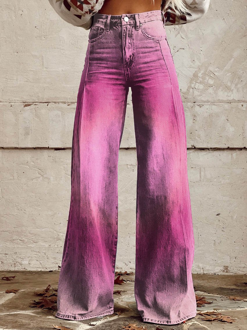 Pink Print Casual Wide-Leg Pants