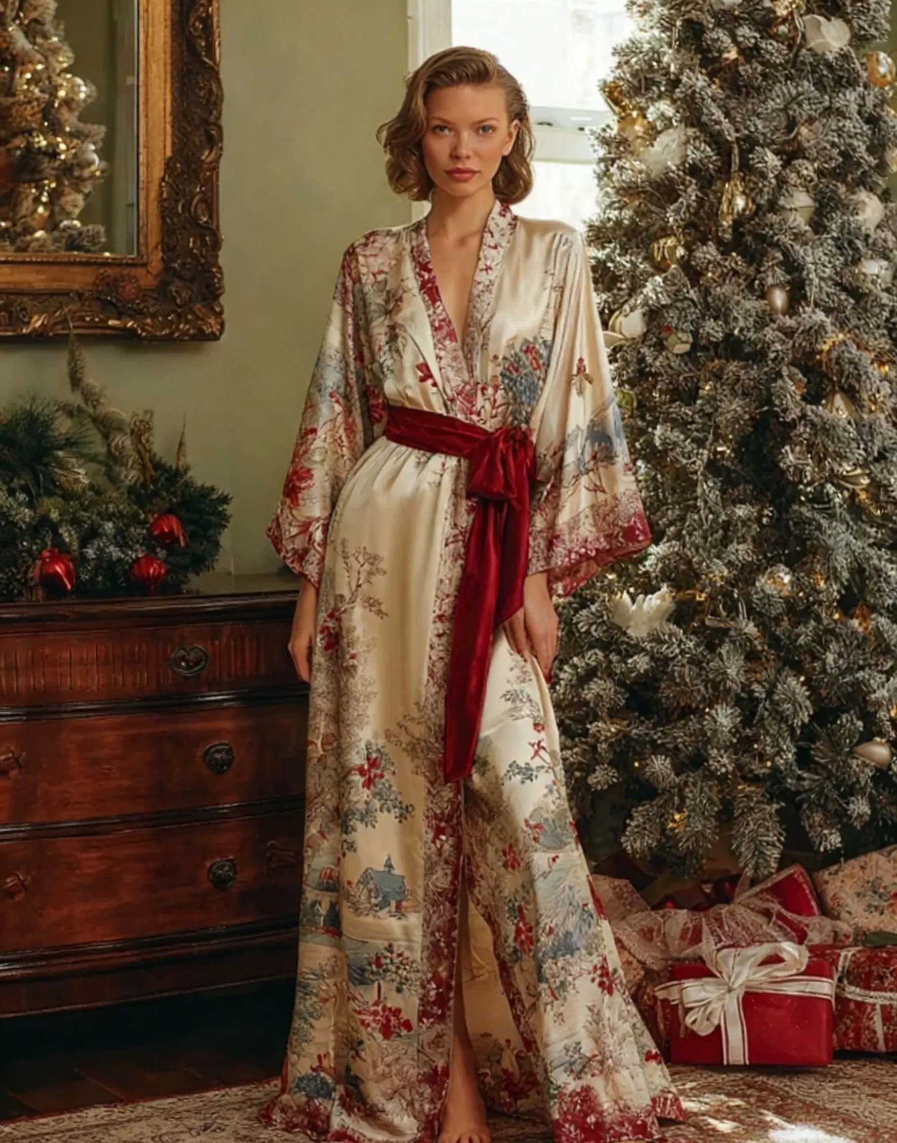 Elegant autumn/winter fleece Christmas-themed bathrobe (with belt)