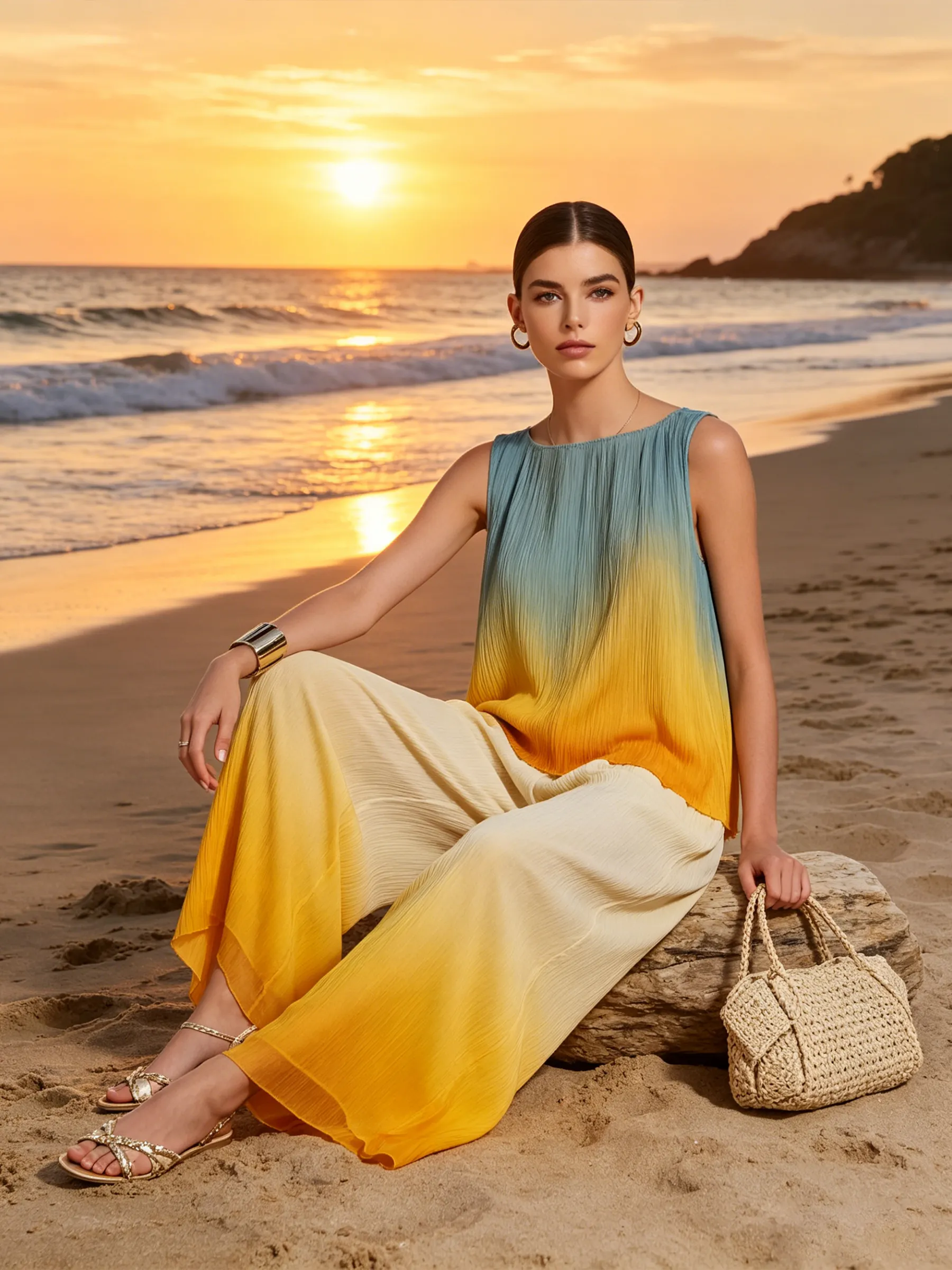 Sunset Ombré Sleeveless Two-Piece Wide-Leg Set