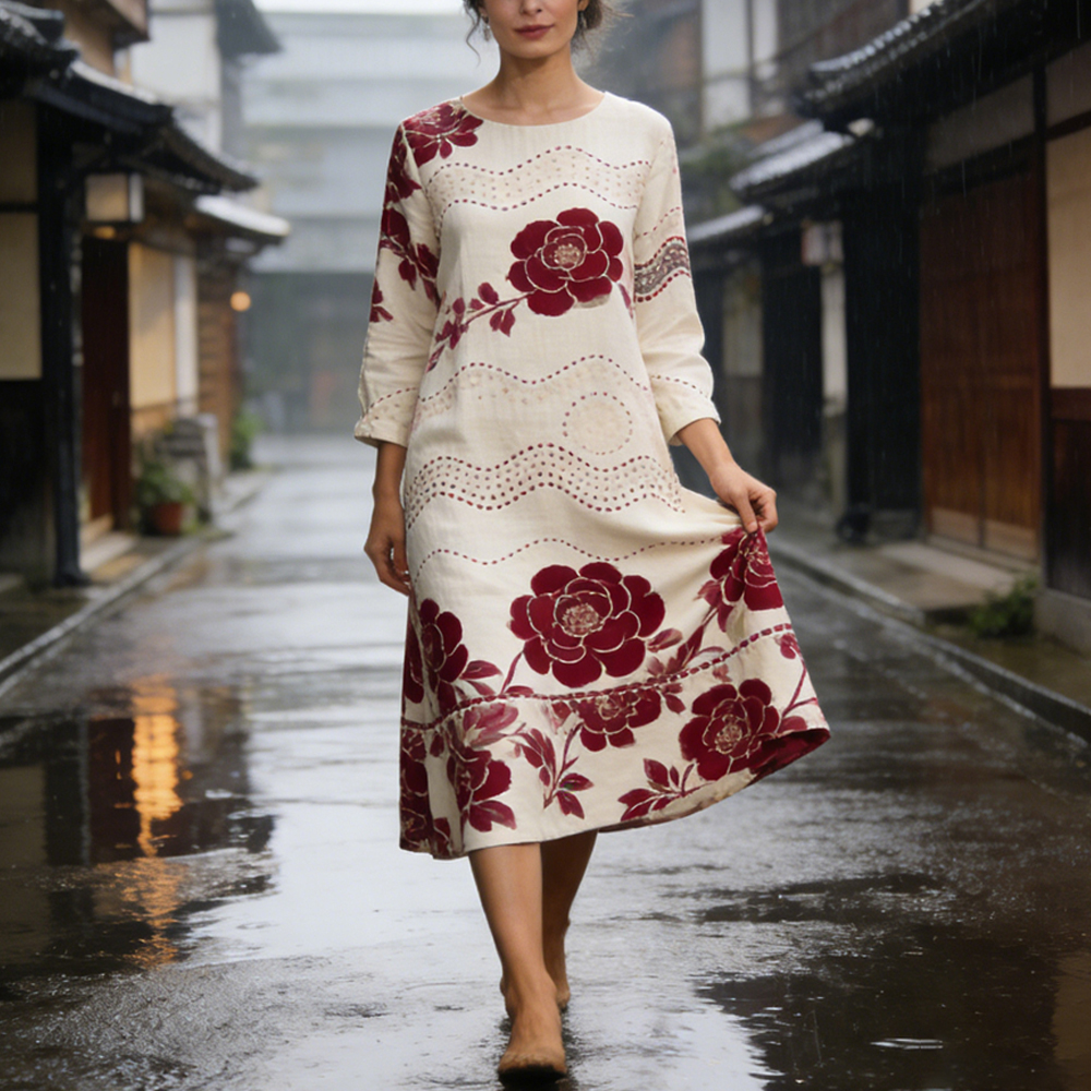 Japanese Floral Thread Pattern Women's Linen Long Sleeve Midi Dress